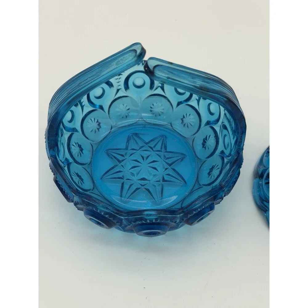MCM LE Smith Moon & Stars Art glass basket & Candleholder colonial blue Set
